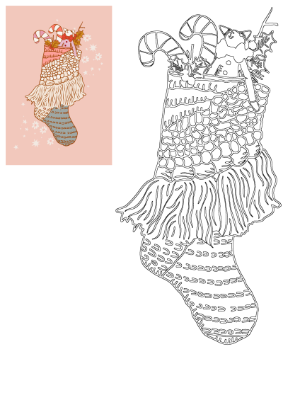 Christmas stocking filled with holiday gifts: a charming cat doll, two candy canes, and holly berries, depicted in both color and outline art.