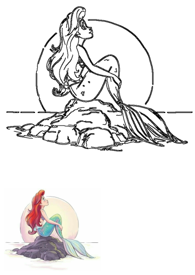 Ariel from Disney's The Little Mermaid sits on a rock by the water, looking up at the sky. Features both outline drawing and colored illustration.