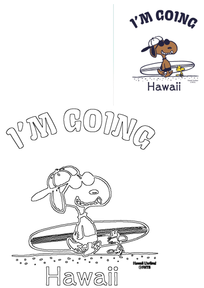 Cartoon dog Snoopy (as Spike) with Woodstock on a surfboard, wearing shades and a cap, ready for Hawaii. Features color and outline illustrations.