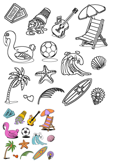 A vibrant set of beach and summer vacation clipart icons, featuring both outline and colored versions of elements like a palm tree, surfboard, flamingo, ice cream, and more on a white background.