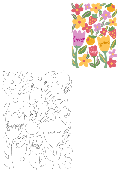 Vibrant Happy Mother's Day card illustration featuring tulips, diverse flowers, strawberries, oranges, and an outline version for crafting.