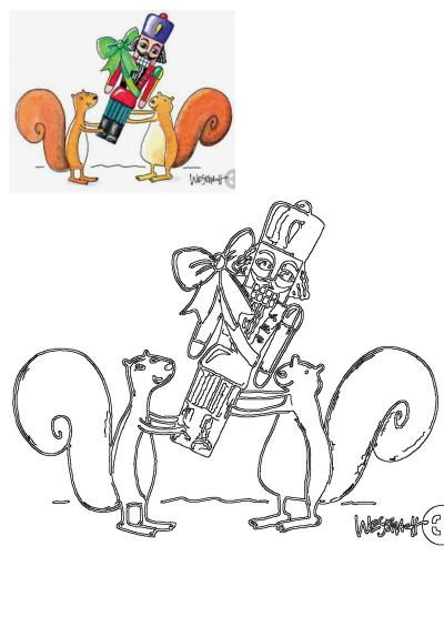 A cheerful illustration of two cute squirrels holding a festive Nutcracker toy with a green bow, presented alongside its detailed line art outline.