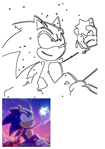 Outline drawing of Sonic the Hedgehog by Isa De Tekenaar, featuring him holding a glowing star. Ideal for artists to trace or color.