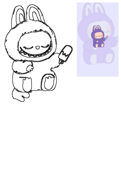 A sweet purple bunny character in a cozy hooded outfit, happily holding a vibrant pink and blue popsicle with a cheerful, toothy smile.