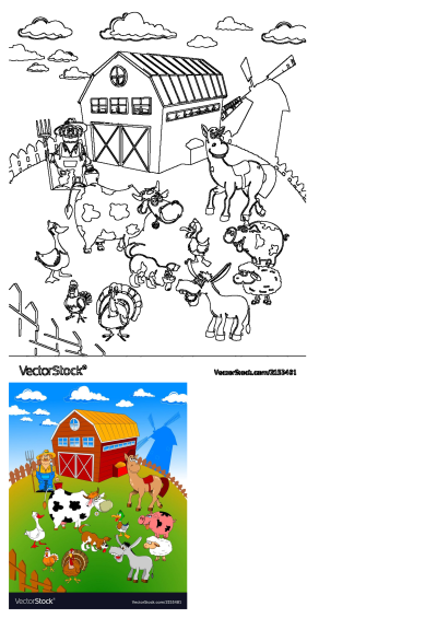 Cartoon farm animals, barn, windmill, and chickens, alongside a farmer, cow, horse, pig, sheep, donkey, ducks, goose, and turkey.