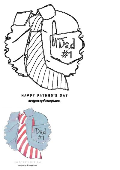 An illustration featuring a shirt and a striped tie with 'Dad #1' on the pocket, ideal for Father's Day card or gift. Includes line art & colored versions.