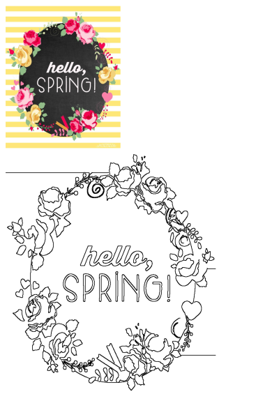 Vibrant 'Hello, Spring!' chalkboard with pink and yellow flowers, hearts, and green leaves on a cheerful yellow striped background.