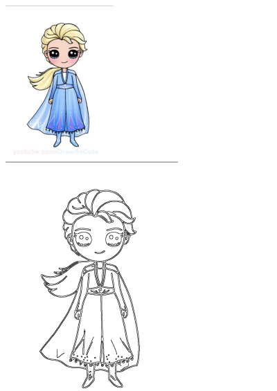 Adorable chibi Elsa drawing from Frozen, featuring a colorful version in her blue dress and a black and white outline for fun.