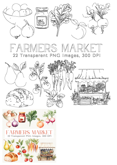 Farmers market watercolor and outline clipart bundle. Includes fresh produce like eggs, carrots, strawberries, bread, and a market stall. Commercial use.
