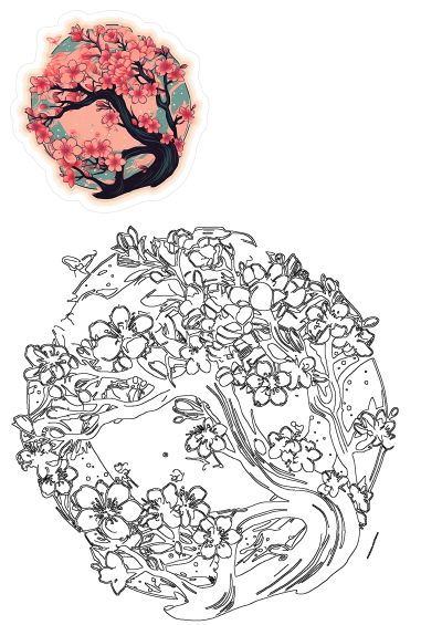 Vibrant sakura cherry blossom tree sticker with a night design, paired with a black and white outline drawing, perfect for laptop or hydroflask.