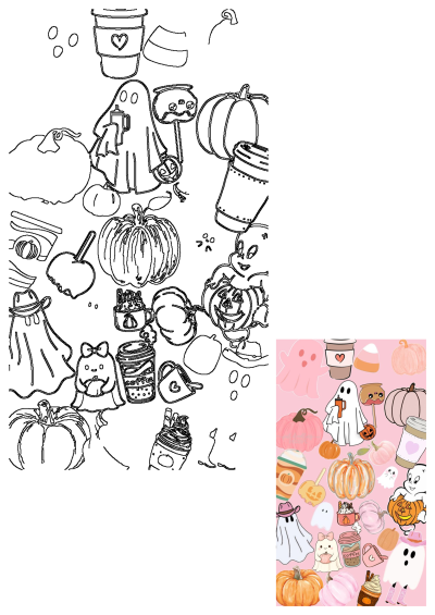 Cute Halloween autumn illustration featuring adorable ghosts, various pumpkins, coffee cups, candy corn, and a caramel apple on a pink background.