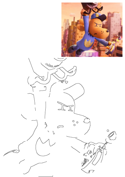 Dog Man, the flying superhero in his police uniform, soars over a city skyline at sunset, equipped with a camera and a bubble device.