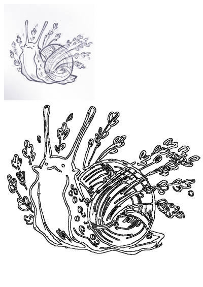 Adorable hand-drawn snail sketch with a whimsical shell surrounded by sprigs of fragrant lavender on a plain background.