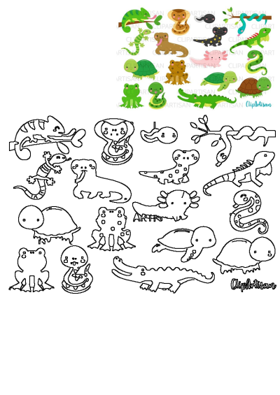 Cute alligator lizard reptile clipart set with various amphibians like frogs and axolotls, presented in both colorful and outline styles.