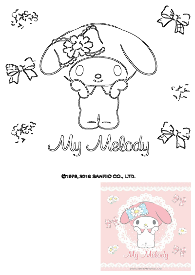 My Melody, the white rabbit, in a pink wallpaper style with bows. Outline drawing of the character with a small colored example.