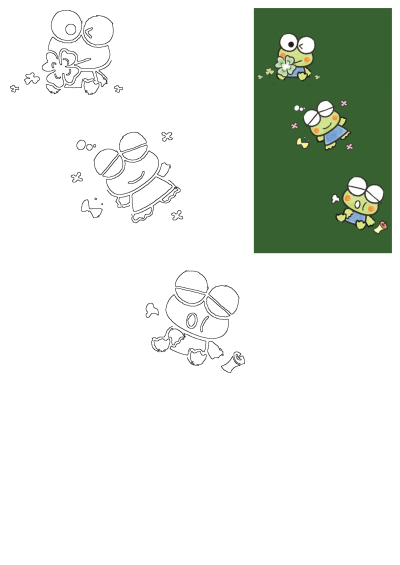 Keroppi Sanrio cartoon characters playing in different poses, featuring colorful illustrations and corresponding black outline drawings.