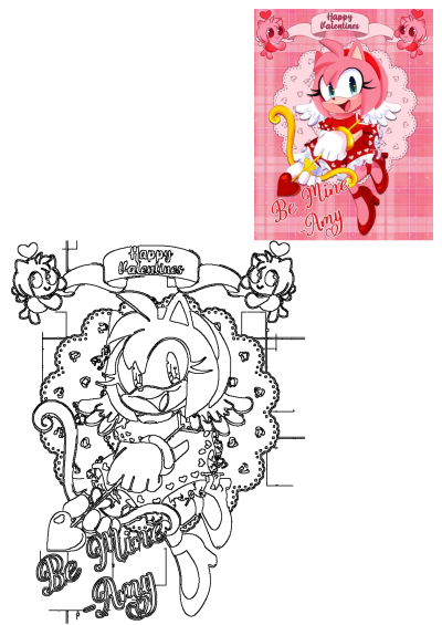 Amy Rose fanart for Valentine's Day, dressed as Cupid with a bow and arrow, on a pink background with 'Be Mine Amy' text. Includes line art.