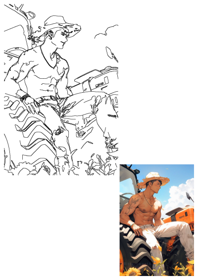 Shirtless anime man in a straw hat sitting on a tractor, surrounded by vibrant sunflowers in a sunny field.