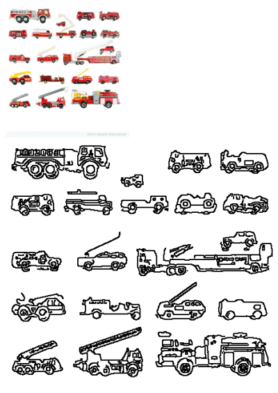 A vibrant collection of toy fire trucks and ladders on a white background, along with various outline fire vehicle drawings.