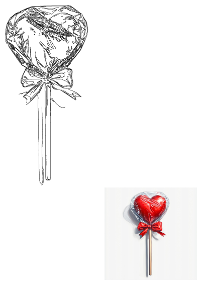 A delightful heart-shaped red lollipop, a sweet treat with a red ribbon, shown as both a vibrant illustration and a line art drawing.