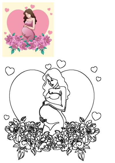Beautiful pregnant woman in a pink dress, embracing her belly, surrounded by lush pink flowers and floating hearts, celebrating motherhood.