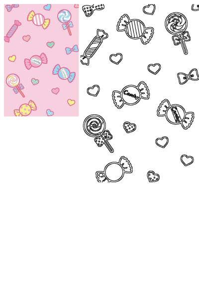 Vibrant seamless candy and lollipop pattern on a soft pink background with hearts and bows, plus a black outline version.