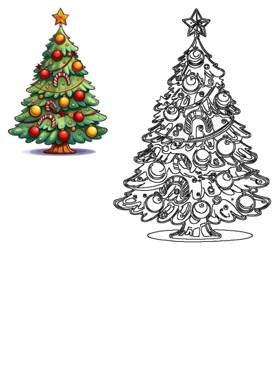 A vibrant Christmas tree illustration adorned with a golden star, red and yellow baubles, and candy canes, paired with its outline art.