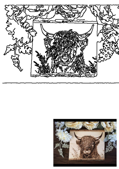 Highland Cow pyrography wood burning art by Jannie Lisonbee, featuring a finished piece with flowers and its line art pattern.