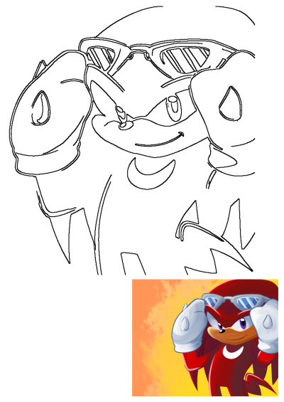 Outline drawing of Knuckles the Echidna, the popular Sonic cartoon character, sporting cool sunglasses. From SEGA.