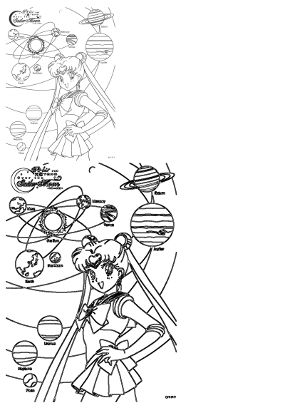 Sailor Moon stands with the solar system planets, including Sun, Moon, Earth, Mars, Mercury, Venus, Jupiter, Saturn, Uranus, Neptune, Pluto. Great printable art.