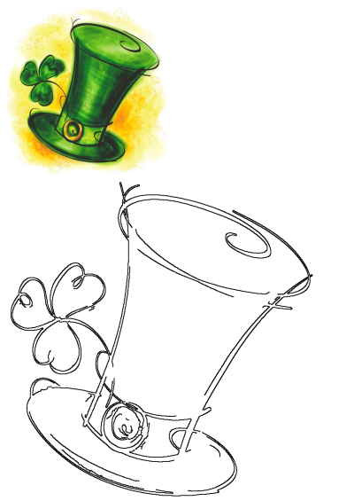 Whimsical green top hat with a shamrock, inspired by Teresa, for St. Patrick's Day. Includes a fun coloring page outline.