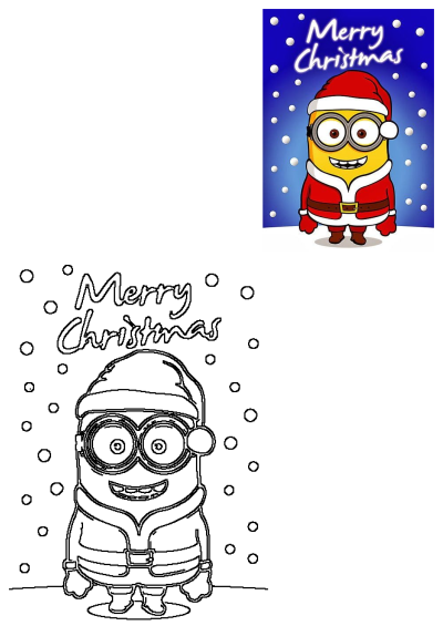 A cheerful Minion dressed as Santa Claus wishing "Merry Christmas" with falling snow. Features both vibrant colored art and a simple outline.