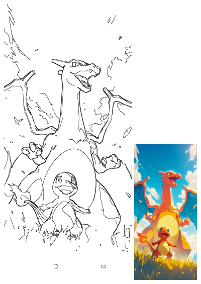 Experience the dynamic Pokemon fantasy art of Charizard and Charmander, featuring the duo in a vibrant, sunny outdoor setting.