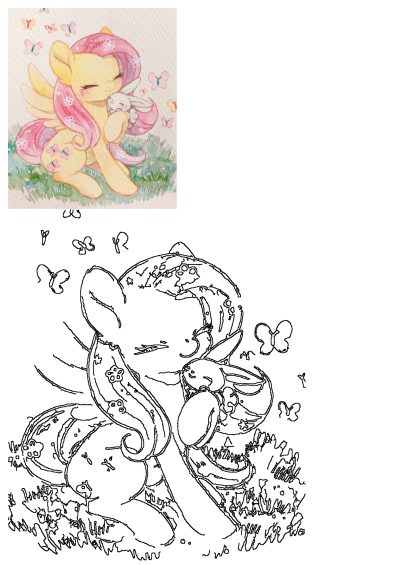 Cute watercolor art of My Little Pony's Fluttershy, a yellow pony with pink hair, cuddling a white bunny amidst colorful butterflies and green grass.