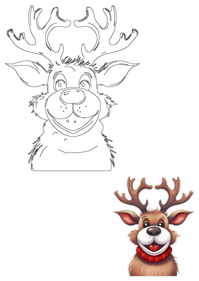 A cheerful cartoon reindeer illustration showing both a black outline drawing and a vibrant colored version with a red scarf.