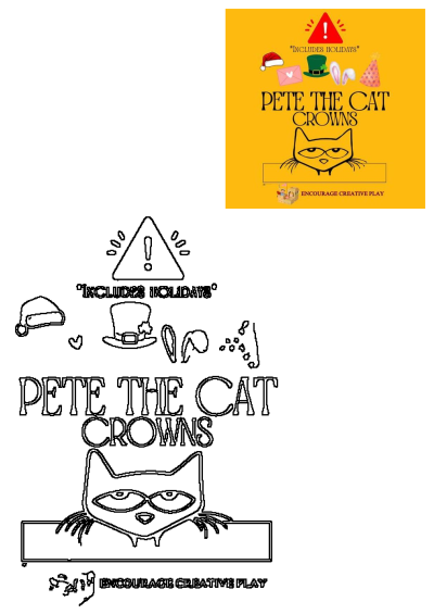 Pete The Cat Crowns Holiday Hats advertisement displays Pete peeking with festive Santa, leprechaun, bunny, party hats for creative play.