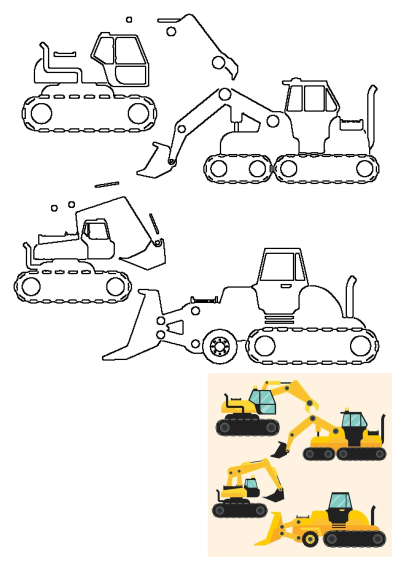 Construction vehicles vector illustration with black outline drawings and colorful designs of excavators, loaders, and a bulldozer.