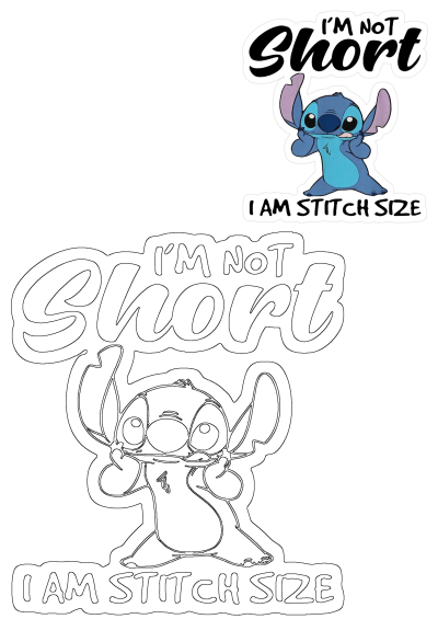 Stitch 'I'm Not Short, I Am Stitch Size' sticker design. Features a cute Stitch making a funny face, available in color and outline.