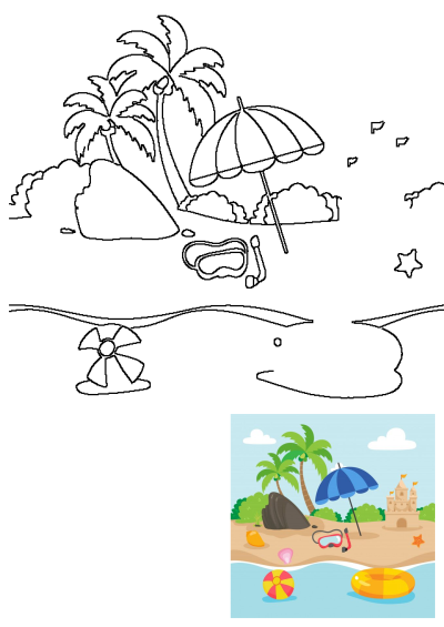 Outline drawing of a vibrant cartoon beach scene, featuring palm trees, a beach umbrella, snorkel gear, a starfish, and a sandcastle.