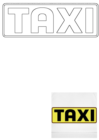 A white taxi hat featuring a black and yellow 'TAXI' sign print, accompanied by a separate black outline graphic of the word 'TAXI'.