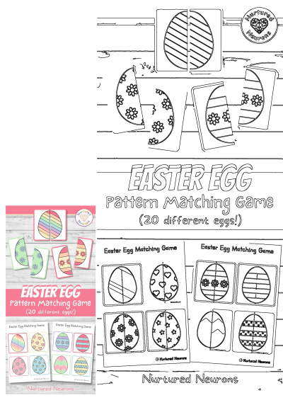 Printable Easter egg pattern matching game for children, featuring 20 different eggs with various patterns like stripes, flowers, and stars.