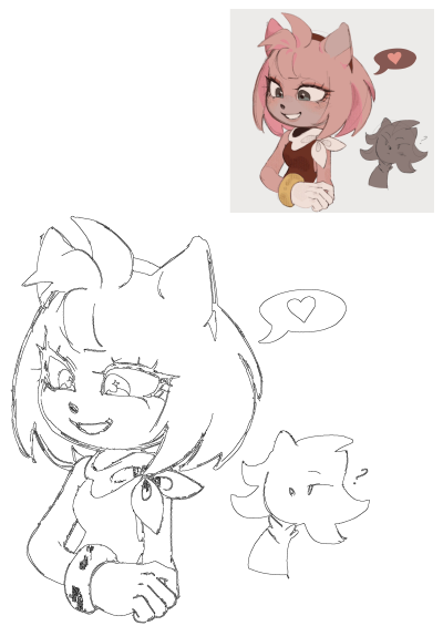 Happy Amy Rose illustration with a heart speech bubble, presented as a vibrant colored sketch and a detailed line art drawing.