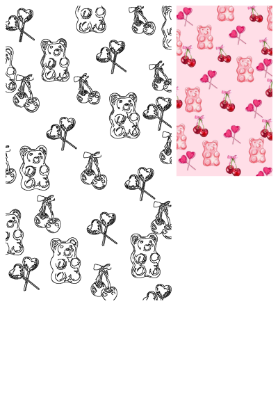 Seamless pattern with cute pink gummy bear candies, red cherries with pink bows, and heart lollipops on a soft pink background.