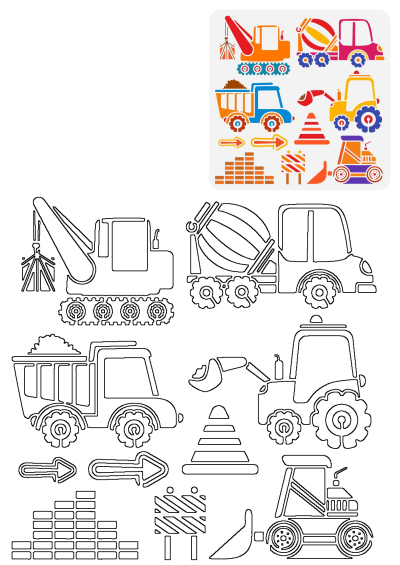 Colorful construction vehicles clipart set featuring a crane, cement mixer, dump truck, excavator, and road roller, alongside outline versions.