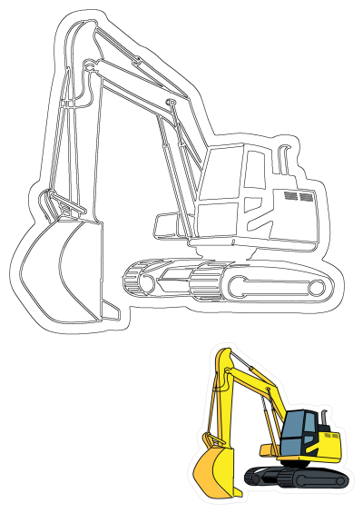 A fun cartoon excavator sticker design for construction enthusiasts, featuring heavy machinery in both outline and vibrant colored styles.