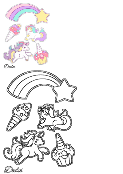Cute Dulci unicorn and stars sticker set featuring rainbows, ice cream, cupcakes, and two unicorns, plus matching outline versions. White background.