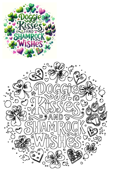 Vibrant circular design with 'Doggie Kisses and Shamrock Wishes' text, surrounded by green shamrocks, pink hearts, and dog paw prints, perfect for St. Patrick's Day.