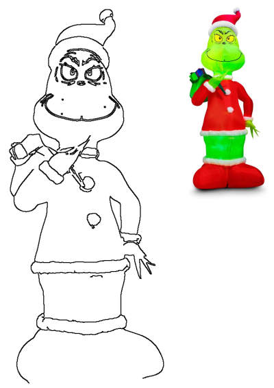 An inflatable Grinch Santa Christmas character holding a candy cane and a gift bag, presented alongside a Grinch Santa outline drawing.
