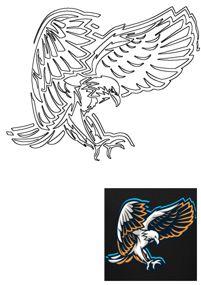Adler eagle illustration depicting a dynamic flying bird of prey, shown both as a vibrant colored mascot and a clear black outline.