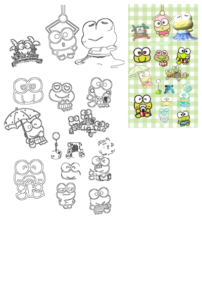 Collection of cute Kerroppi frog stickers and cell phone decorations, featuring both colorful designs and black-and-white outlines.